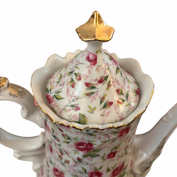Lefton Rose chintz Bone China Coffee Pot hand painted  original sticker 660R - Picture 2 of 6